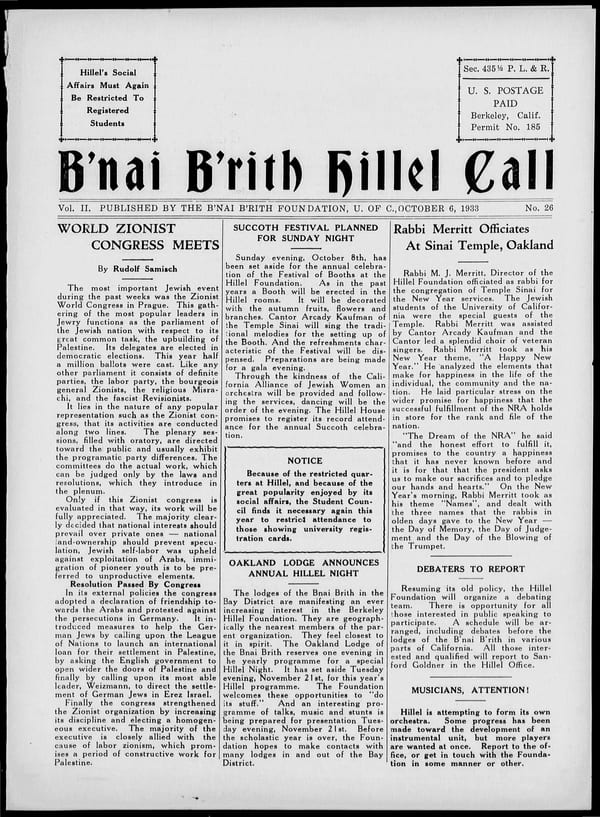 1933-10-06 — B’nai B’rith Hillel Call no. 26