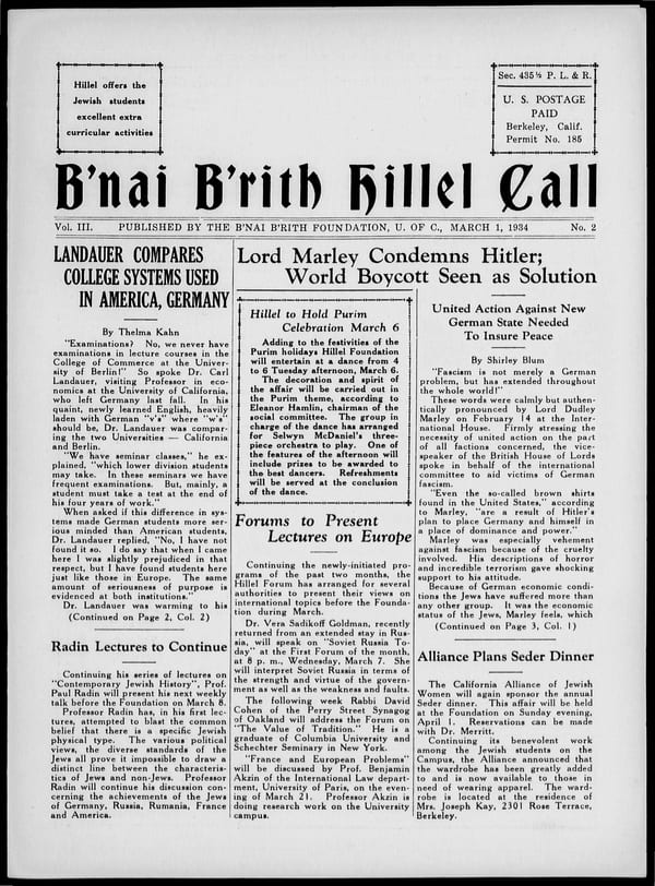 1934-03-01 — B’nai B’rith Hillel Call no. 2