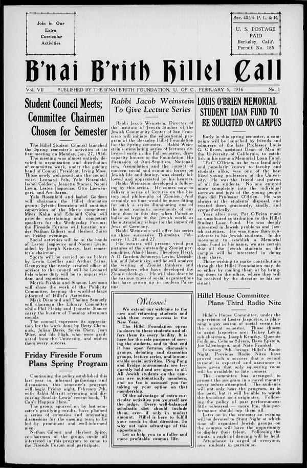 1936-02-05 — B’nai B’rith Hillel Call no. 1