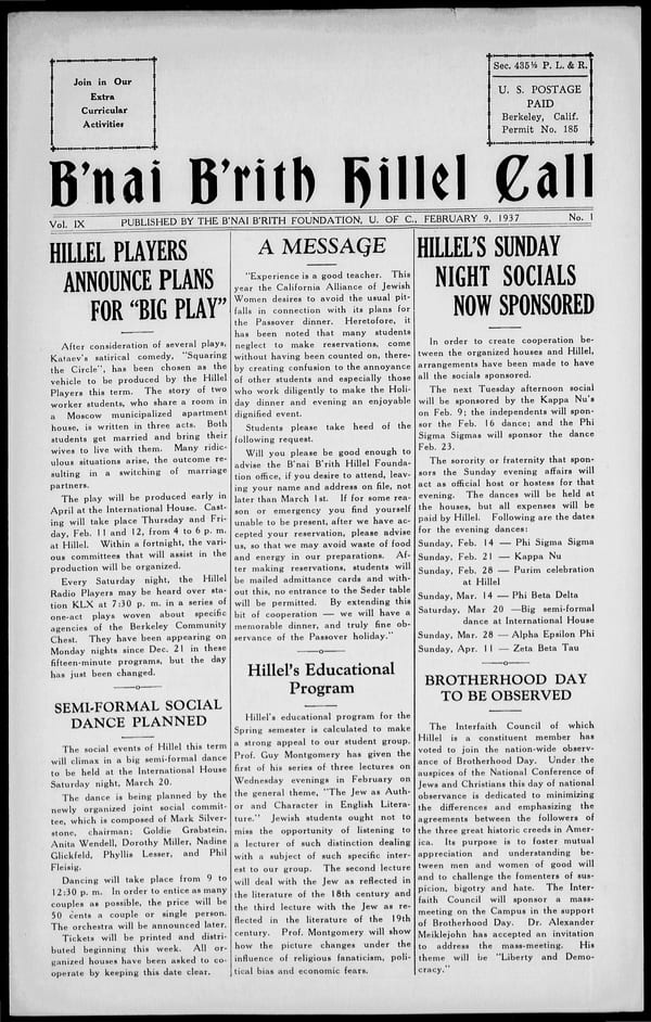 1937-02-09 — B’nai B’rith Hillel Call no. 1