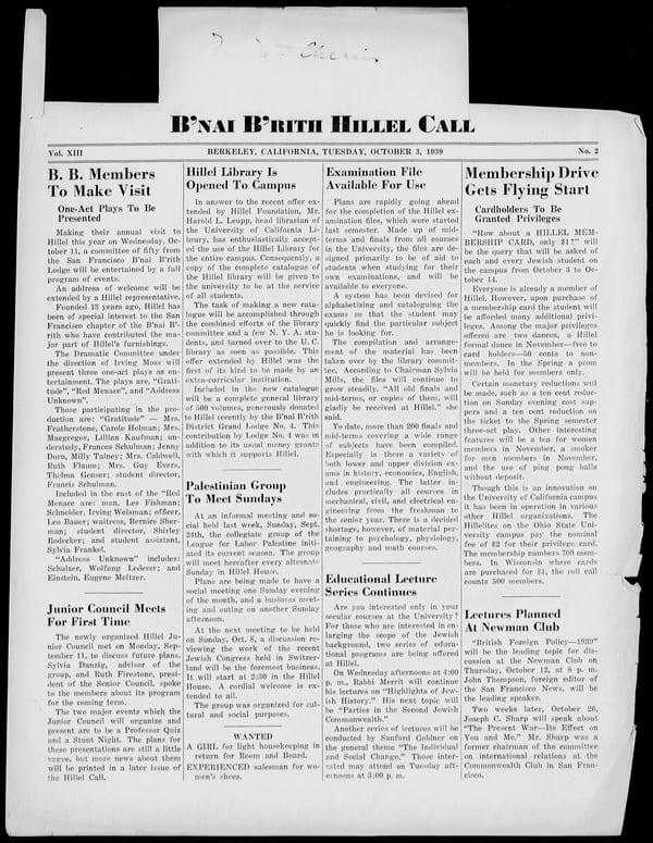 1939-10-03 — B’nai B’rith Hillel Call no. 2