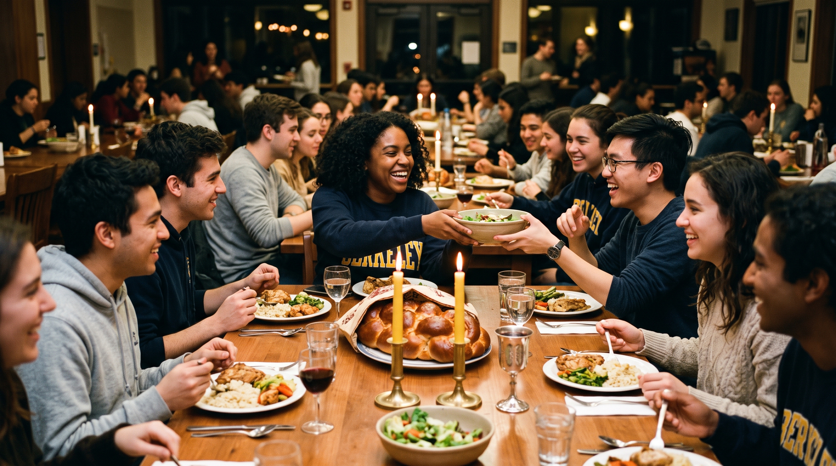 Students around a Friday-night Shabbat dinner table at Berkeley Hillel